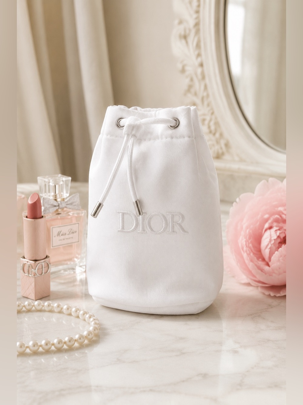 Dior Beauty White Embroidered Drawstring Cosmetic Pouch Bag